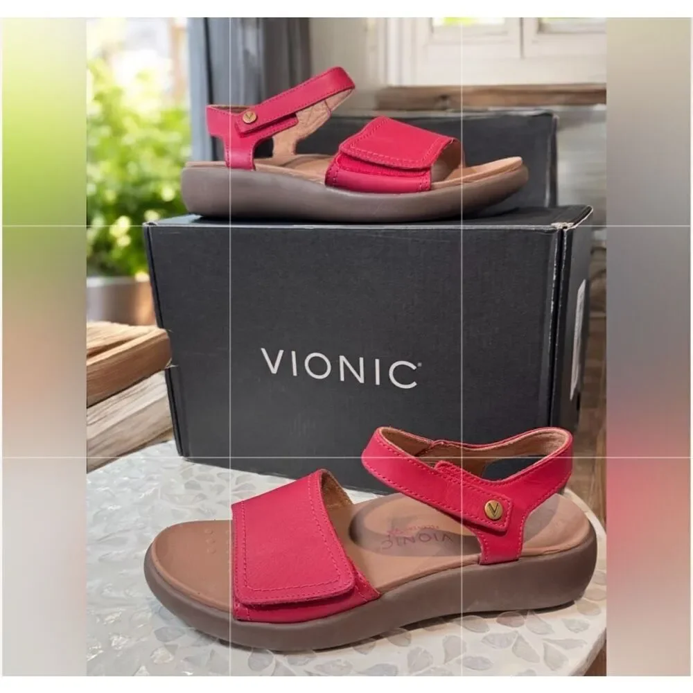 VIONIC Leather Awaken Recovery Supportive Adjustable Strap Sandals Flats Womens